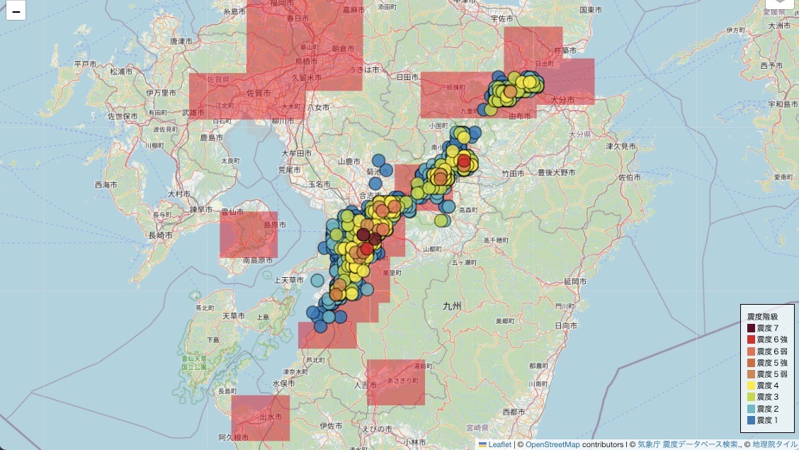 熊本地震の震度マップと活断層図の重ね合わせ